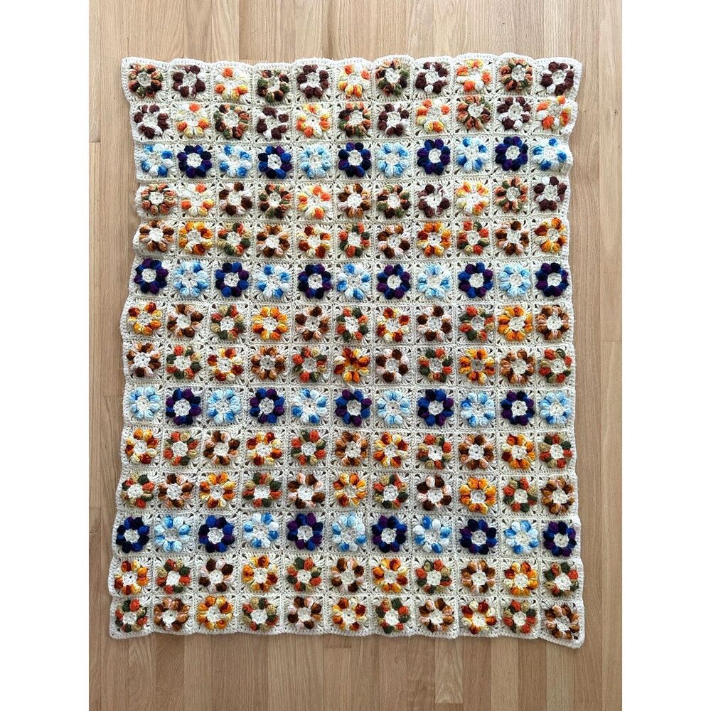Vintage Handmade Crochet Puff Flower Granny Square Afghan Throw Blanket